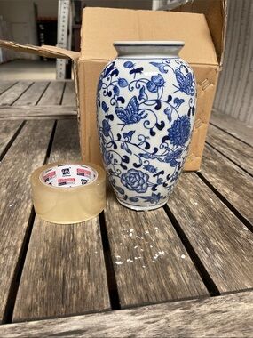 Blue & White Floral Porcelain Vase 9.5” tall